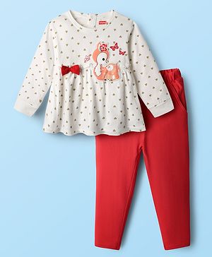 Babyhug Single Jersey Knit Full Sleeves Heart Printed Top & Leggings Set with Bow Applique & Patch Detailing - Red & White