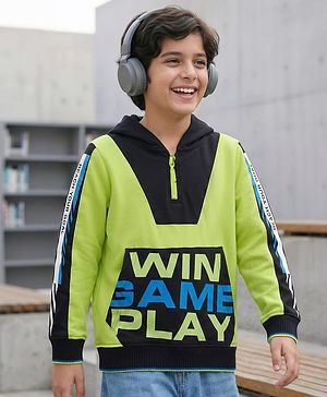 Pine Kids Full Sleeves Hooded Sweatshirt With Win Game Play Text & Kangaroo Pockets - Limegreen