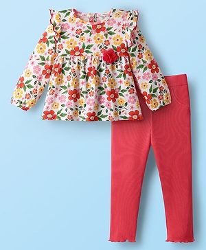 Babyhug Single Jersey Knit Full Sleeves Top & Leggings Set With Floral Print - Red & White