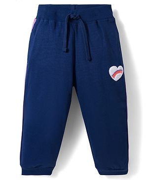 Babyhug French Terry Knit Full Length Lounge Pant With Heart Embriodery - Navy Blue