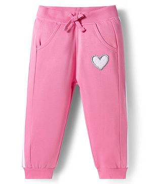 Babyhug French Terry Knit Full Length Lounge Pant with Heart Design - Pink