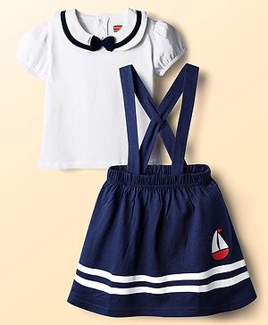 Babyhug Single Jersey Knit Half Puffed Sleeves Peter Pan Collar Top & Skirt Set with Bow Applique & Ship Print - Navy Blue