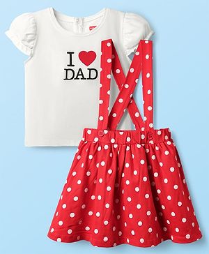 Babyhug Single Jersey Knit Half Sleeves Top & Skirt Set With Text & Polka Dot Print - White & Red