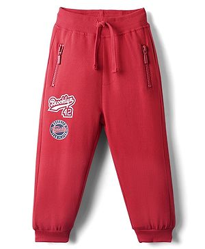 Babyhug French Terry Knit Full Length Lounge Pants with Brooklyn 42 Text Print - Red