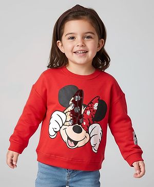 Babyhug Disney Terry Knit Full Sleeves Sweatshirt With Minnie Mouse Graphics & Reversible Sequins - Red