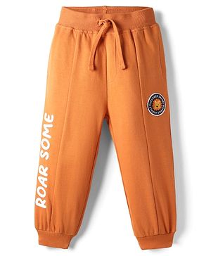 Babyhug Terry Cotton Knit Full Length Text Printed Cut & Sew Lounge Pant With Animal Patch - Rust Orange