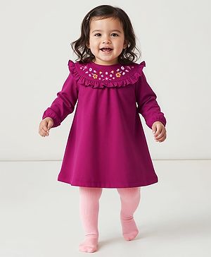 Babyhug Cotton Knit Full Sleeves Frock With Leggings & Floral Embriodery - Purple & Pink