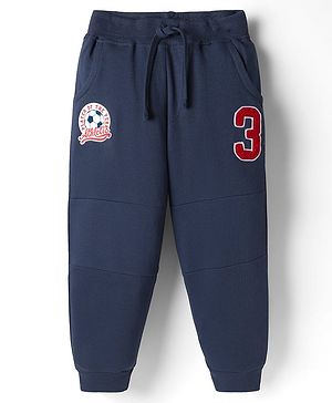 Babyhug Terry Cotton Knit Full Length Text Printed Cut & Sew Lounge Pant With Embroidery - Navy Blue