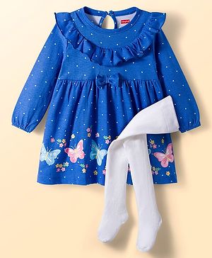 Babyhug Cotton Knit Full Sleeves Frock with Leggings with Butterfly Print Frill Detailing & Bow Applique - Blue