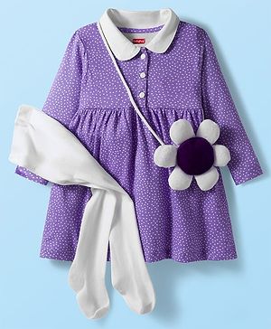 Babyhug Cotton Knit Full Sleeves Polka Dot Printed Frock With Leggings & Floral Sling Bag - Purple
