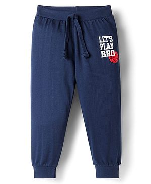 Babyhug Single Jersey Knit Full Length Lounge Pant with Let's Play Bro Text Print - Navy Blue