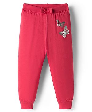 Babyhug Single Jersey Knit Full Length Lounge Pant with Bow Applique & Butterfly Print - Red