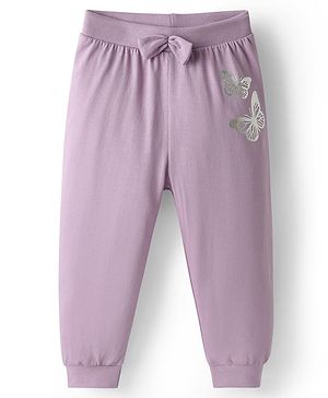 Babyhug Single Jersey Knit Full Length Lounge Pant With Butterfly Foil Print & Bow Applique - Lavender