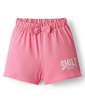 Babyhug Single Jersey Knit Mid Thigh Length Shorts With Bow Applique & Smile Text Print - Pink