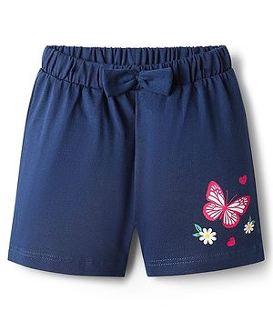 Babyhug Single Jersey Knit Mid Thigh Shorts with Butterfly Print & Bow Applique - Navy Blue