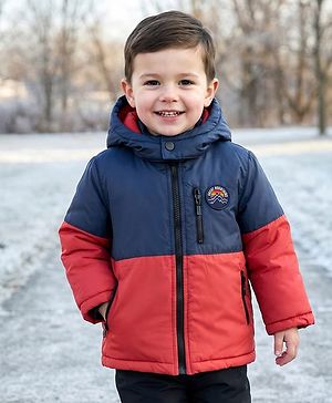 Babyhug Woven Full Sleeves Padded Jacket With Badge Detailing & Detachable Hood - Navy Blue & Brown