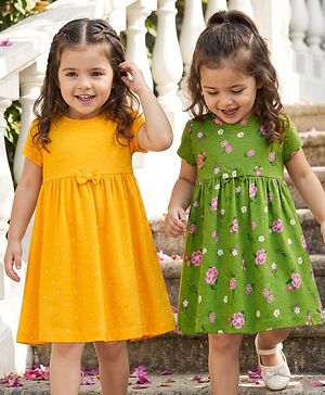 Babyhug Single Jersey Knit Half Sleeves Frocks With Floral Print Pack Of 2 - Yellow & Green