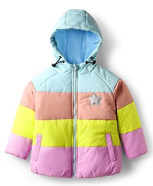 Babyhug Woven Full Raglan Sleeves Hooded Padded Jacket With Color Block Design & Star Patch - Multicolor