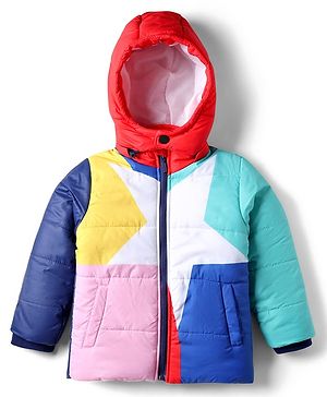 Babyhug Woven Full Sleeves Hooded Padded Jacket With Color Block Design & Detachable Hoodie - Multicolor