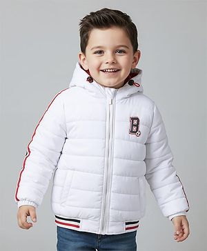 Babyhug Woven Full Sleeves Hooded Padded Jacket With Alphabet Embroidery - White