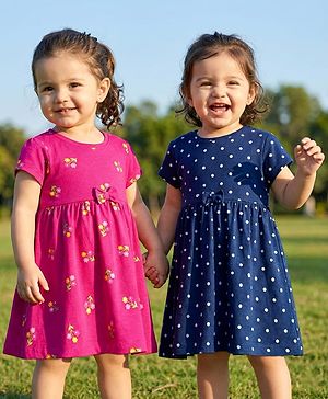 Babyhug Single Jersey Knit Half Sleeves Polka Dot & Floral Printed Frocks With Bow Applique Pack of 2 - Dark Pink & Navy Blue