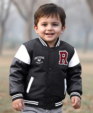 Babyhug Woven Full Sleeves Bomber Jacket With Alphabet Embroidery - Black