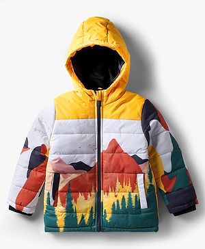 Babyhug Woven Full Sleeves Hooded Padded Jacket With Mountain Print - Multicolor