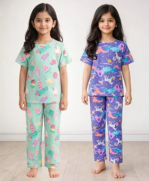 Anthrilo 100% Organic Cotton Knit
                              Pack Of 2 Half Sleeves Unicorn & Ice
                              Cream Printed Coordinating Night Suit Sets
                              - Aqua & Purple