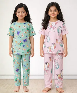 Anthrilo 100% Organic Cotton Knit
                              Pack Of 2 Half Sleeves Unicorn &
                              Butterfly Printed Coordinating Night Suit
                              Sets - Pink & Green