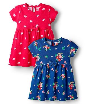 Babyhug Single Jersey Knit Half Sleeves Frocks with Bow Applique & Floral Detailing Pack of 2 - Red & Navy Blue