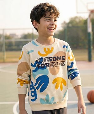 Pine Kids Knit Full Sleeves Sweatshirt With Awesome Forever Text Print - Cream