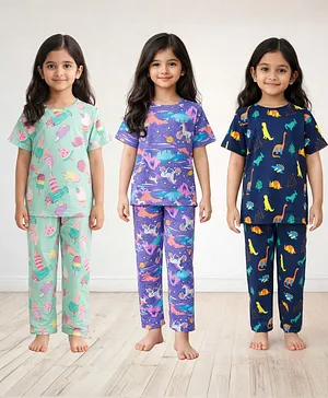 Anthrilo 100% Organic Cotton Knit
                              Pack Of 3 Half Sleeves Ice Cream Unicorn
                              & Dinosaur Printed Coordinating Night
                              Suits - Purple Aqua & Navy Blue