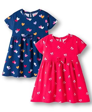 Babyhug Single Jersey Knit Half Sleeves Heart & Bow Printed Frocks With Bow Applique Pack of 2 - Navy Blue & Dark Pink