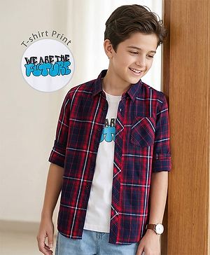 Pine Kids Cotton Woven Full Sleeves Check Shirt with Inner T-Shirt - Red & White