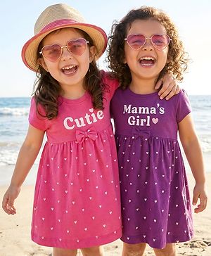 Babyhug Single Jersey Knit Half Sleeves Frocks With Heart Print & Bow Applique Pack of 2 - Purple & Dark Pink