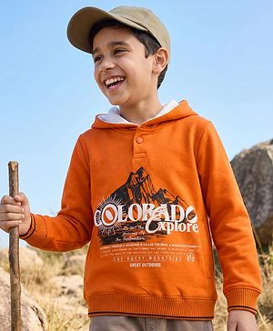 Pine Kids Knit Full Sleeves Hooded Sweatshirts With Colorado Text Print - Orange