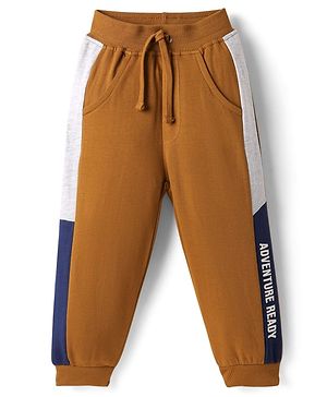 Babyhug French Terry Knit Full Length Lounge Pants with Adventure Ready Text Print - Brown