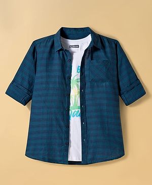 Pine Kids Cotton Woven Full Sleeves Checks Shirt with T-Shirt - Dark Green