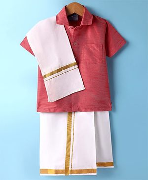 Dapper Dudes Cotton Silk Woven Half Sleeves Solid Shirt With Placement Foil Striped Mundu & Angavastram Set - Tomato