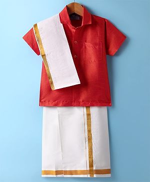 Dapper Dudes Cotton Silk Woven Half Sleeves Solid Shirt With Placement Foil Striped Mundu & Foil Striped Angavastram Set - Orange