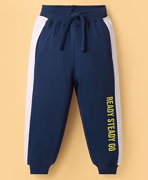 Babyhug French Terry Knit Full Length Lounge Pant With Text Print - Navy Blue