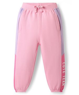 Babyhug French Terry Knit Full Length Lounge Pant With Text Print - Pink