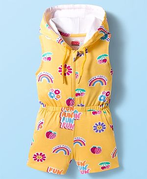 Babyhug Cotton Knit Sleeveless Hooded Jumpsuit With Floral Print - Yellow