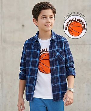 Pine Kids Cotton Woven Full Sleeves Checkered Shirt with Inner Tee - Navy Blue