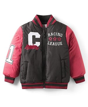 Babyhug Woven Full Sleeves Bomber Jacket With Text Print - Black & Red