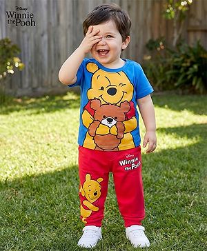 Babyhug Disney Single Jersey Knit Half Sleeves T-Shirt & Track Pant Set With Winnie The Pooh Graphics - Blue & Red