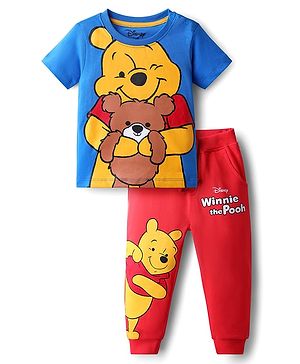 Babyhug Disney Single Jersey Knit Half Sleeves T-Shirt & Track Pant Set With Front & Back Winnie The Pooh Graphics - Blue & Red