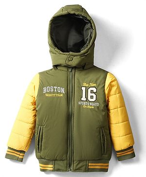 Babyhug Woven Full Sleeves Hooded Padded Jacket With Text Embroidery - Olive Green & Yellow