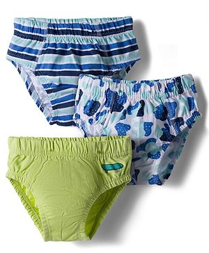 Kookie Kids Cotton Spandex Knit  Striped & Printed Briefs Pack of 2 - Blue & Green