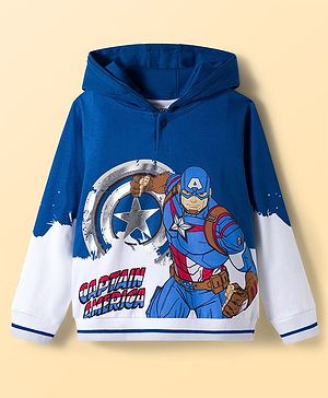 Pine Kids Marvel Fleece Knit Full Sleeves Hooded Sweatshirt With Captain America Graphics & Foil Print Detailing - Blue & White